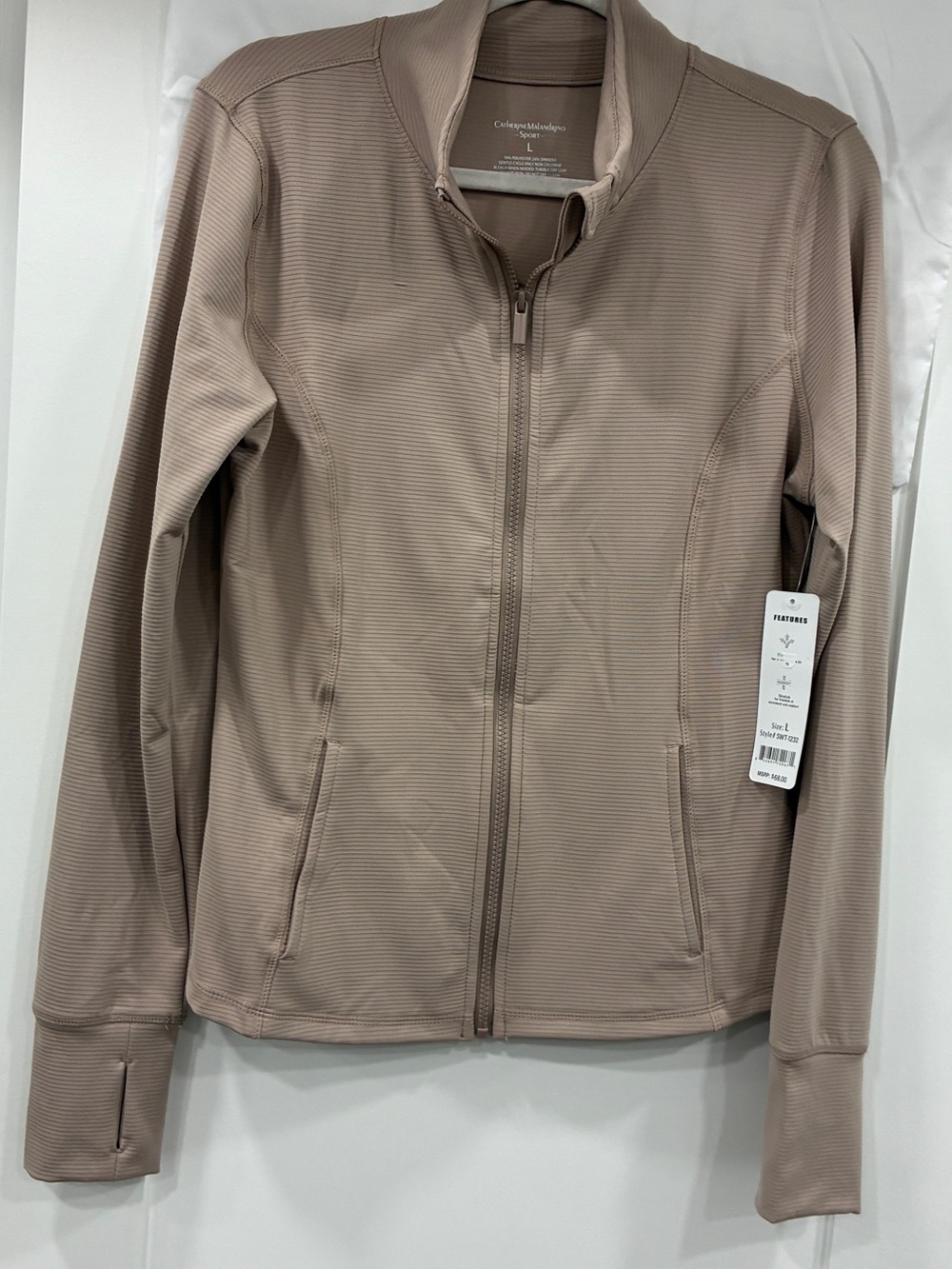 Catherine Malandrino Sport Ribbed Zip Front Active Jacket Taupe -Large NWT
